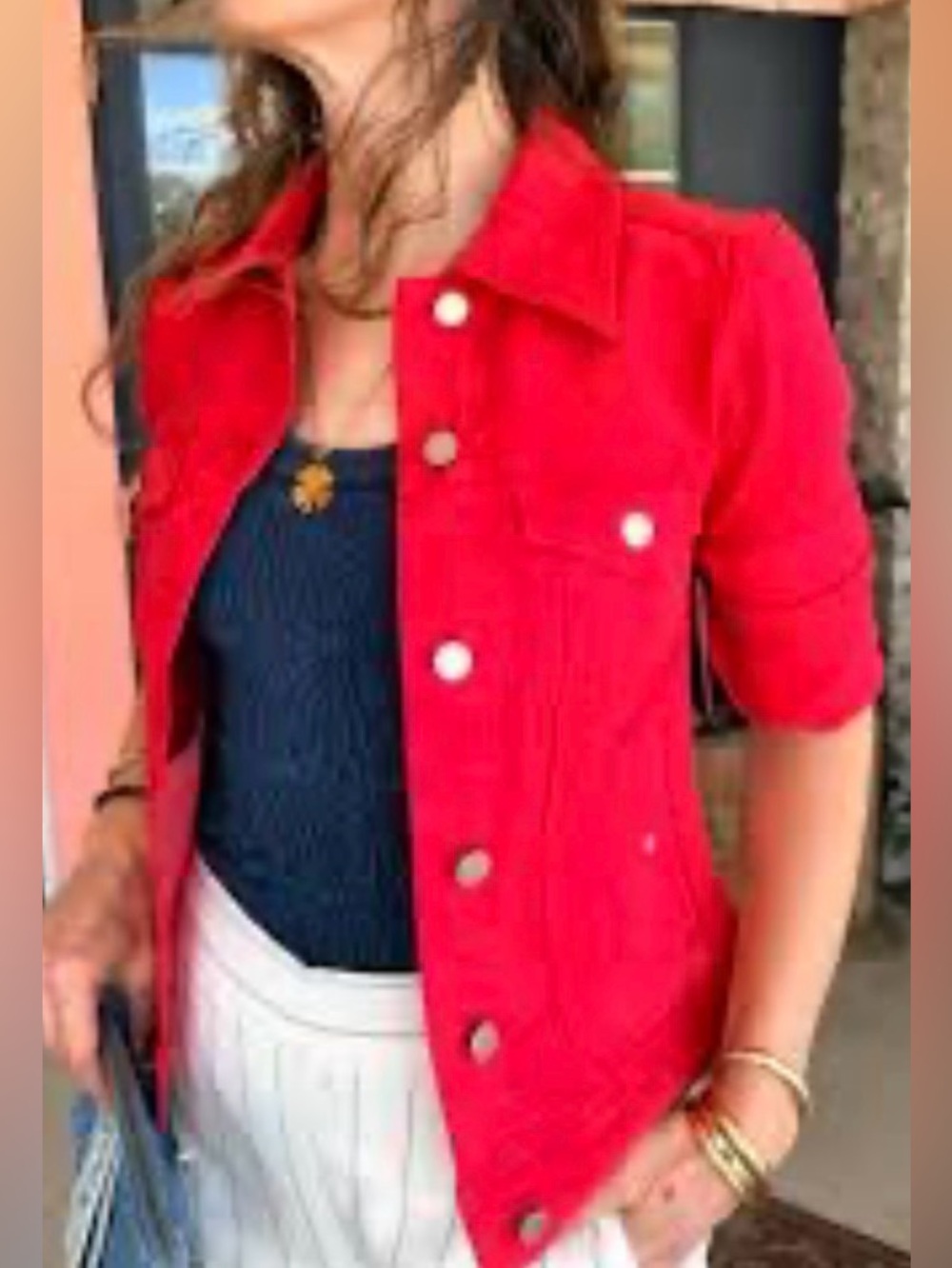 Women’s Appleseeds petite small red button up short sleeve jacket